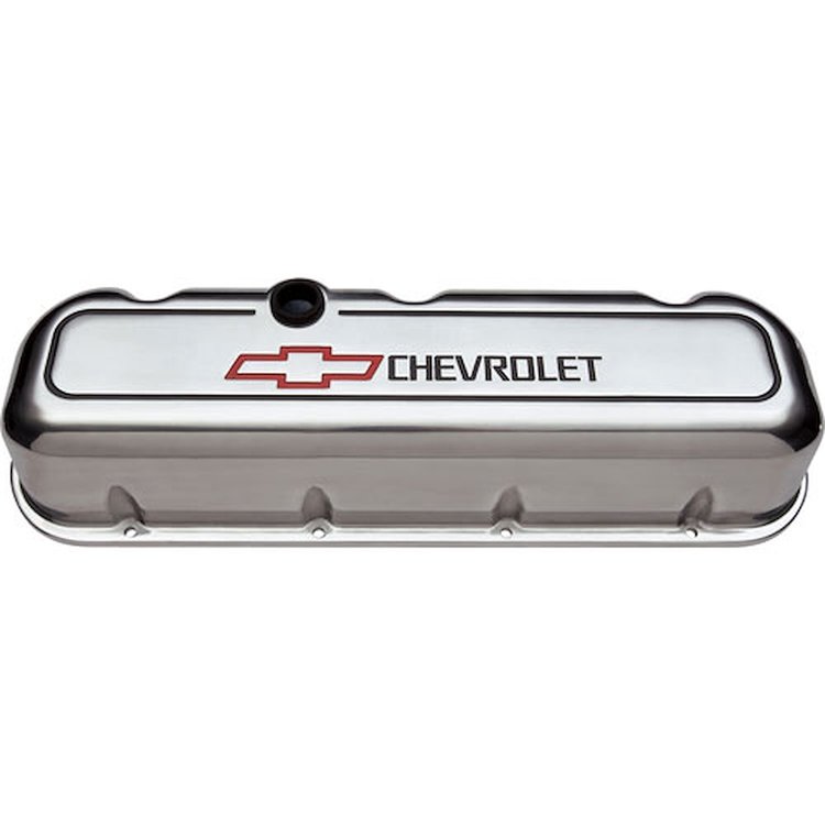 Die-Cast Aluminum Tall Valve Covers for 1965-1996 Big Block Chevy with Chevrolet/Bowtie Recessed Emblem in Polished Finish