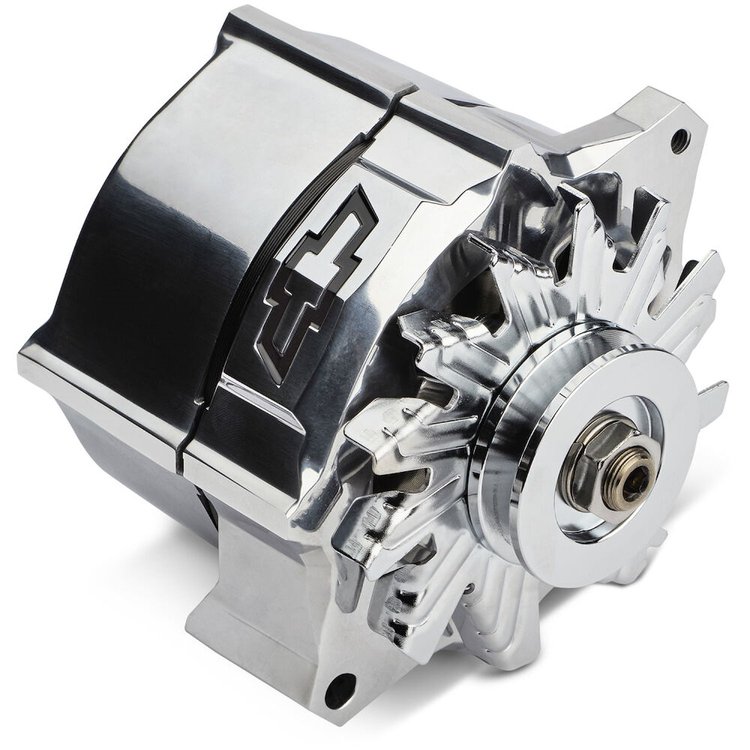 141-156 Slant-Edge Alternator with Black Recessed Bowtie Emblem for Chevy Small Block, Big Block V8 Engines [Polished]