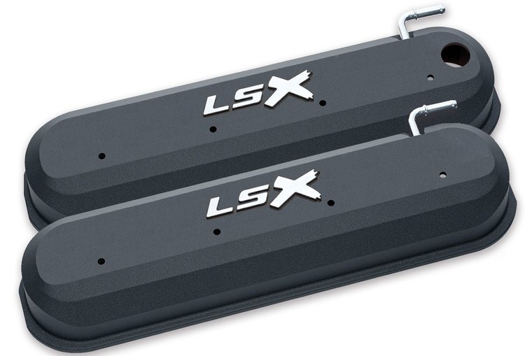 Slant-Edge Tall Cast Aluminum Valve Covers for GM LS Engines [Black Powder Coat, LSX Emblem]