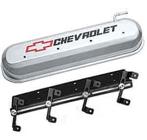 141-264 Die-Cast Slant-Edge Valve Cover Kit for GM Gen III/IV LS Engines w/Recessed Black, Red Chevrolet Logo [Polished]