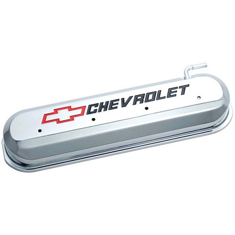 141-265 Die-Cast Slant-Edge Valve Covers for GM Gen III/IV LS Engines w/Recessed Black, Red Chevrolet Logo [Chrome]