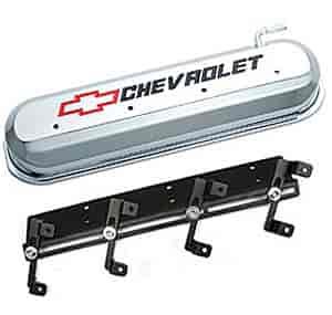 141-265 Die-Cast Slant-Edge Valve Cover Kit for GM Gen III/IV LS Engines w/Recessed Black, Red Chevrolet Logo [Chrome]