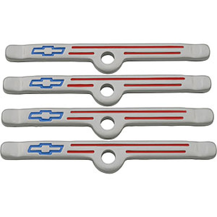 Bowtie Valve Cover Hold-Down Clamps for 1958-1986 Small Block Chevy & V6/90° in Metallic Gray with Blue Bowtie Emblem