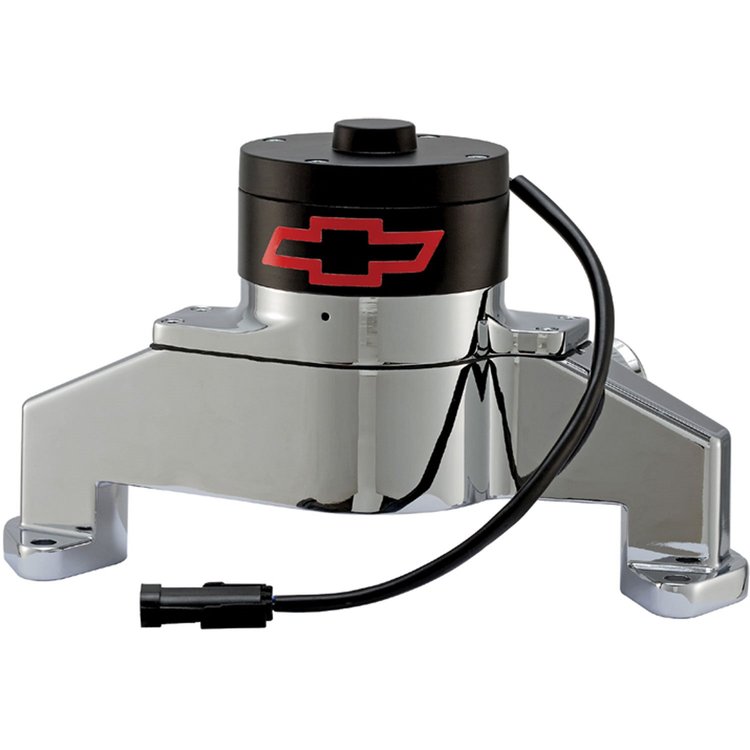 Electric Water Pump for Big Block Chevy with Red Bowtie in Chrome Epoxy Powder Coated Finish