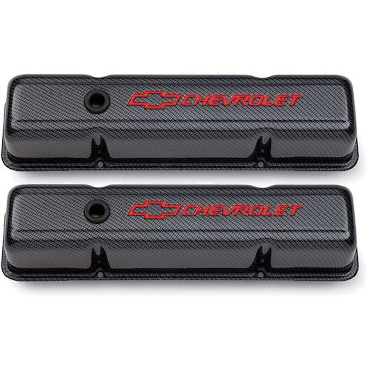 Carbon Style Tall Valve Covers with Red Emblems for 1958-1986 Small Block Chevy