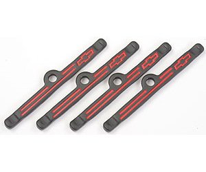 Bowtie Black Crinkle Valve Cover Hold Downs for 1958-1986 Small Block Chevy & V6/90° in Black Crinkle Finish with Red Emblem