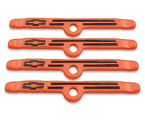 Bowtie Valve Cover Hold-Down Clamps for 1958-1986 Small Block Chevy & V6/90 in Chevy Orange Finish with Black Emblem