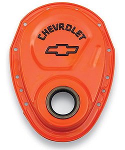 Small Block Chevy Timing Chain Cover with Embossed Black Bowtie & Chevrolet Emblem in Chevy Orange Finish