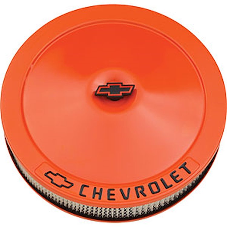 Classic Chevrolet 14"x3" Air Cleaner Kit with Bowtie & Chevrolet Emblem in Chevy Orange Finish
