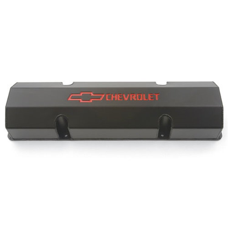 Fabricated Aluminum Valve Covers for 1959-1986 Small Block Chevy [Black, Recessed Red Emblem, No Baffles]