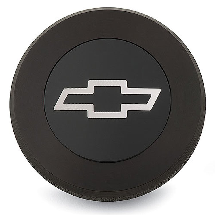 Billet Aluminum Chevy Bowtie Radiator Cap with Embossed Logo and Knurled Edge in Anodized Black Finish