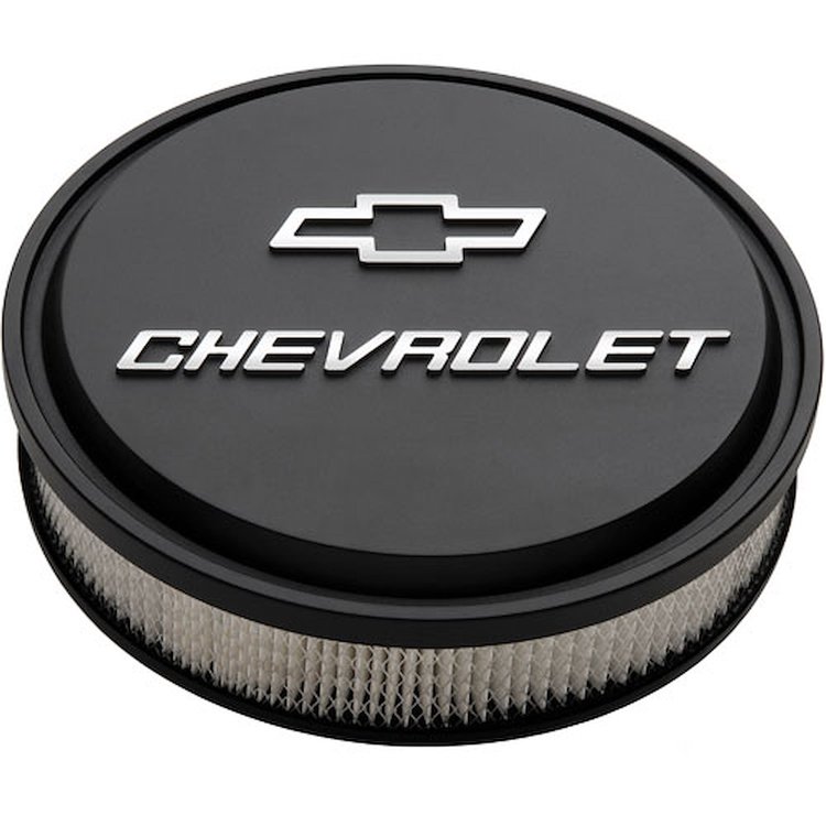 Slant-Edge Round Air Cleaner Kit for Carburetors [14 in. Diameter, Black Crinkle, Chevrolet Emblem]