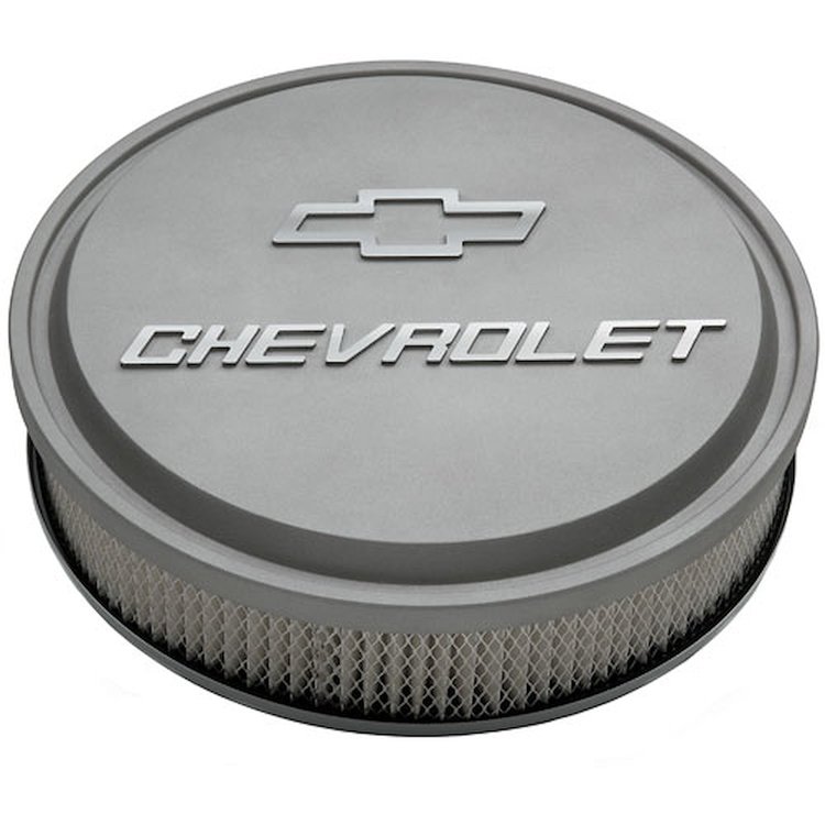Slant-Edge 14" Air Cleaner Kit with Raised Chevy Bowtie Emblem in Cast Gray Crinkle Finish