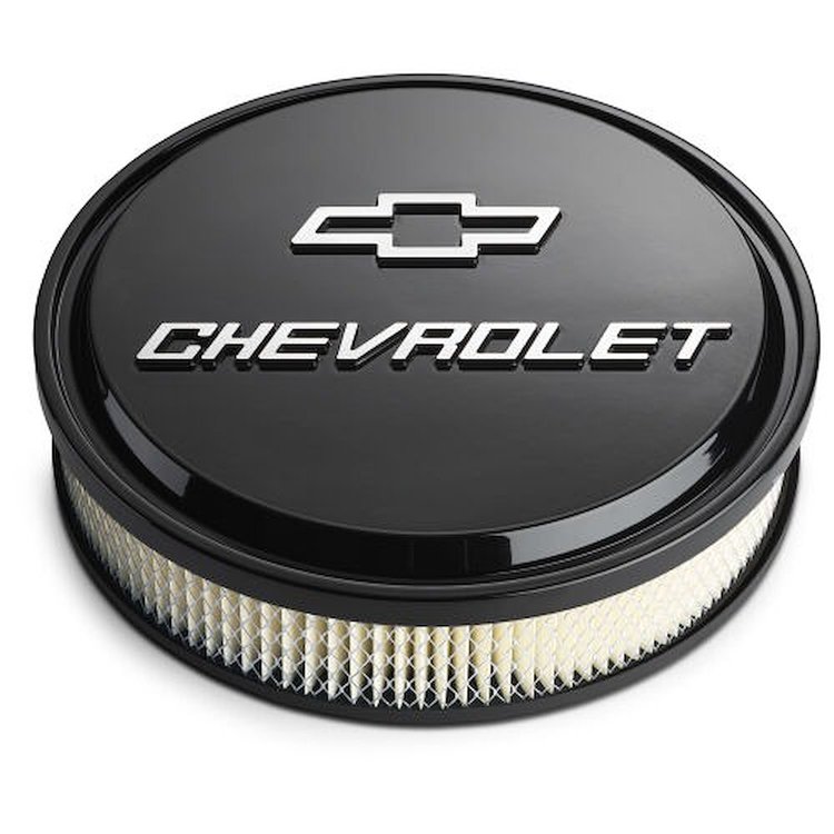 141-838 Slant-Edge 14 in. Air Cleaner Kit with Raised Chevy Bowtie Emblem [Liquid Black Finish]