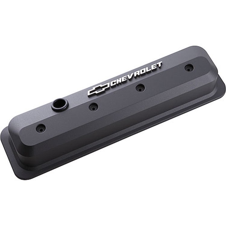 Die-Cast Slant-Edge Valve Covers for 1987-Up Small Block Chevy with Chevrolet/Bowtie Raised Emblem in Black Crinkle Finish