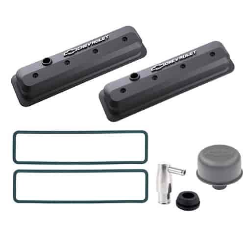 1987-Up Small Block Chevy Die-Cast Slant-Edge Center Bolt Valve Cover Kit with Raised Emblems in Black Crinkle