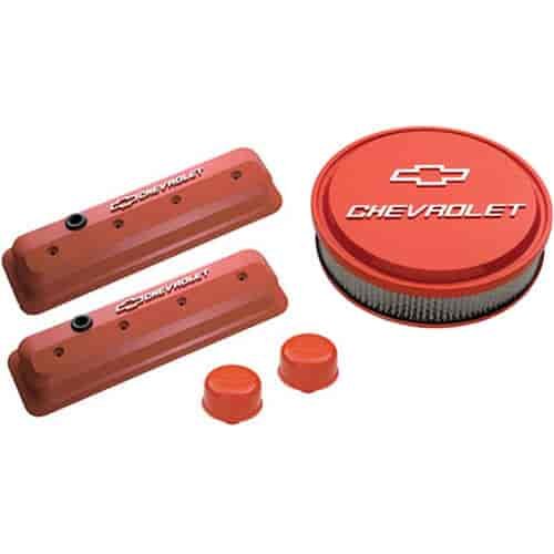 1987-Up Small Block Chevy Die-Cast Slant-Edge Center Bolt Valve Cover Kit with Raised Emblems in Chevy Orange