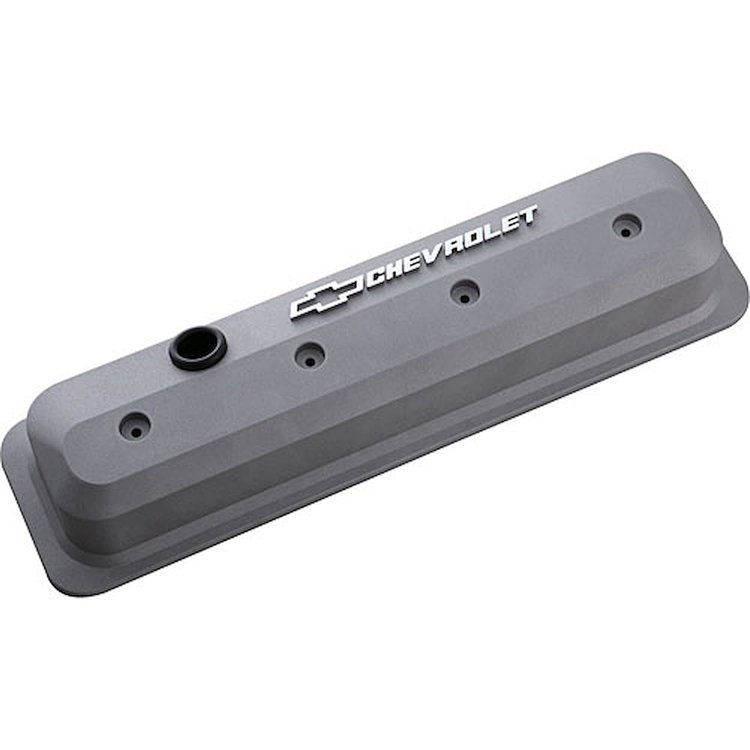 Die-Cast Slant-Edge Valve Covers for 1987-Up Small Block Chevy with Chevrolet/Bowtie Raised Emblem in Cast Gray Crinkle Finish