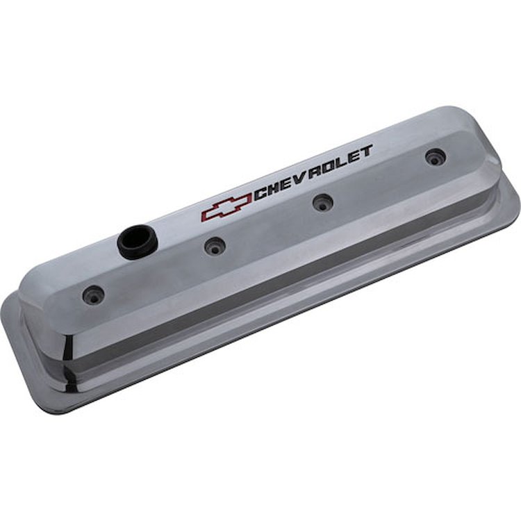 Die-Cast Slant-Edge Valve Covers for 1987-Up Small Block Chevy with Chevrolet/Bowtie Recessed Emblem in Polished Finish