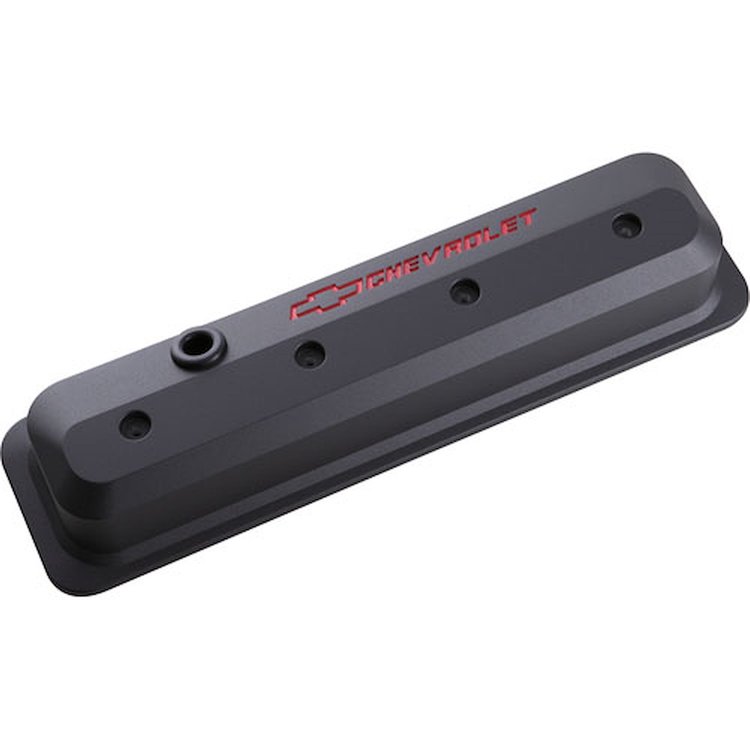 Slant-Edge Tall Cast Aluminum Valve Covers for 1987-Pre LS Small Block Chevy [Black, Recessed Red Emblem]