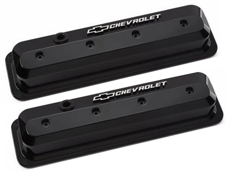 141-847 Slant-Edge Valve Covers for 1987-Up Small Block Chevy with Chevrolet/Bowtie Raised Emblem in Liquid Black Finish