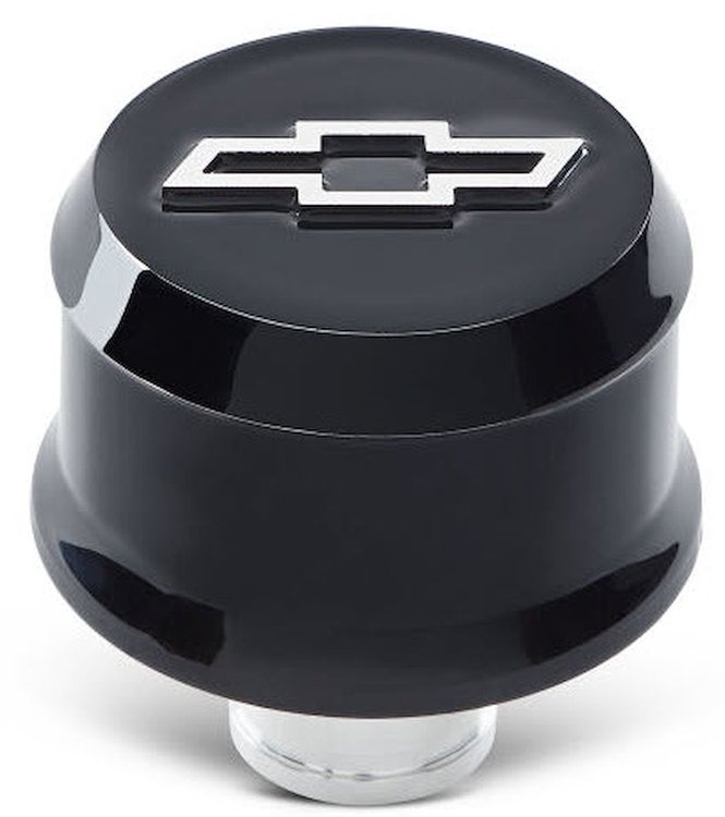 141-849 Slant-Edge Aluminum Chevy Bowtie Push-In Air Breather Cap [Liquid Black]
