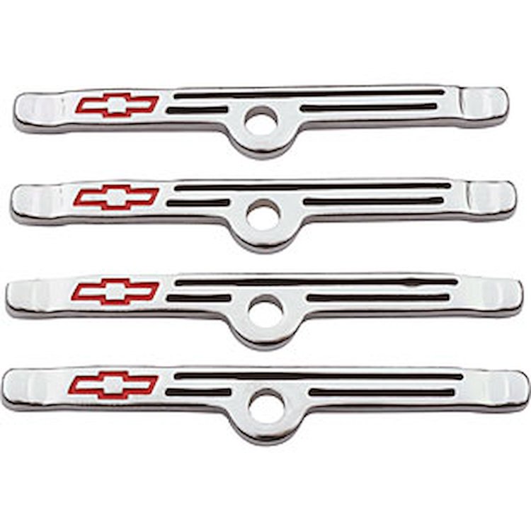 Valve Cover Hold-Down Clamps for Small Block Chevy [Chrome, Recessed Red Bowtie Emblem]