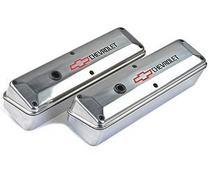 2-Piece Die-Cast Aluminum Valve Covers for 1958-1986 Small Block Chevy with Bowtie/Chevrolet Emblem in Polished Finish