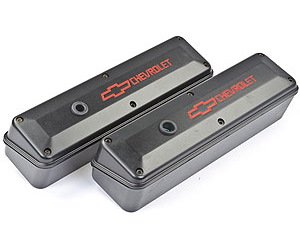 2-Piece Die-Cast Aluminum Valve Covers for 1958-1986 Small Block Chevy with Red Bowtie/Chevrolet Emblem in Black Crinkle Finish