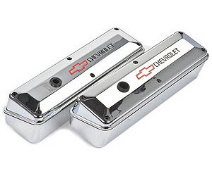 2-Piece Die-Cast Aluminum Valve Covers for 1958-1986 Small Block Chevy with Bowtie/Chevrolet Emblem in Chrome Finish