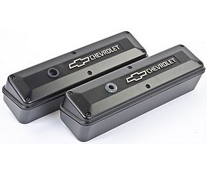 2-Piece Die-Cast Aluminum Valve Covers for 1958-1986 Small Block Chevy with Bowtie/Chevrolet Emblem in Black Crinkle Finish