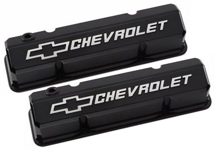 141-919 Slant-Edge Valve Covers for 1958-1986 Small Block Chevy with Chevrolet/Bowtie Raised Emblem in Liquid Black Finish