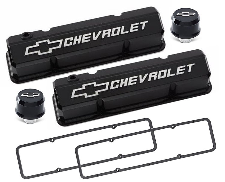 141-919 Slant-Edge Valve Cover Kit for 1958-1986 Small Block Chevy with Chevrolet/Bowtie Raised Emblem in Liquid Black Finish