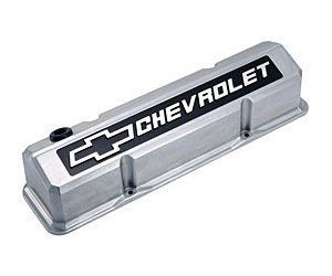 Die-Cast Slant-Edge Valve Covers for 1958-1986 Small Block Chevy with Chevrolet/Bowtie Raised Emblem in Polished/Black Finish