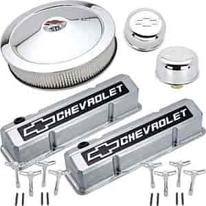 1958-1986 Small Block Chevy Engine Dress-Up Kit with Raised Emblems in Polished/Black Finish