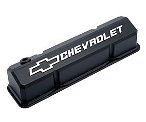 Slant-Edge Tall Cast Aluminum Valve Covers for 1959-1986 Small Block Chevy [Black, Raised Milled Emblem]