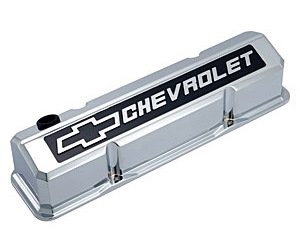 Slant-Edge Tall Cast Aluminum Valve Covers for 1959-1986 Small Block Chevy [Chrome, Raised Emblem]