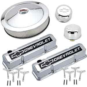 1958-1986 Small Block Chevy Engine Dress-Up Kit with Raised Emblems in Chrome/Black Finish