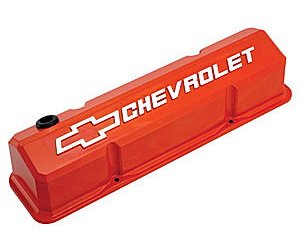 Die-Cast Slant-Edge Valve Covers for 1958-1986 Small Block Chevy with Chevrolet/Bowtie Raised Emblem in Chevy Orange Finish