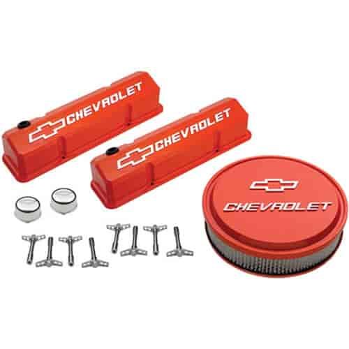 1958-1986 Small Block Chevy Engine Dress-Up Kit with Raised Emblems in Chevy Orange Finish