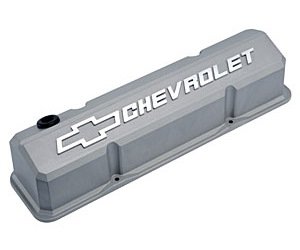 Die-Cast Slant-Edge Valve Covers for 1958-1986 Small Block Chevy with Chevrolet/Bowtie Raised Emblem in Cast Gray Crinkle Finish