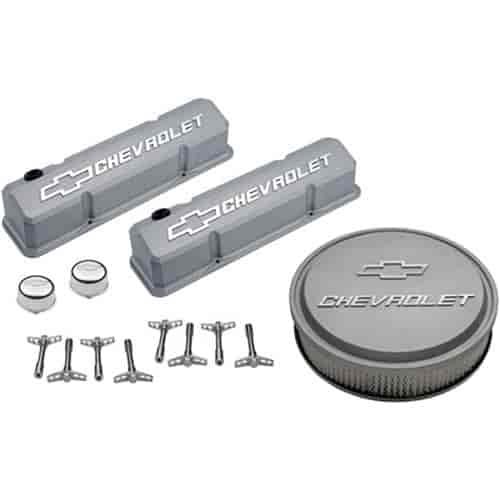 1958-1986 Small Block Chevy Engine Dress-Up Kit with Raised Emblems in Cast Gray Crinkle Finish