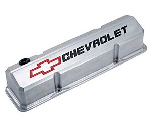 Slant-Edge Tall Cast Aluminum Valve Covers for 1959-1986 Small Block Chevy [Polished, Recessed Emblem]