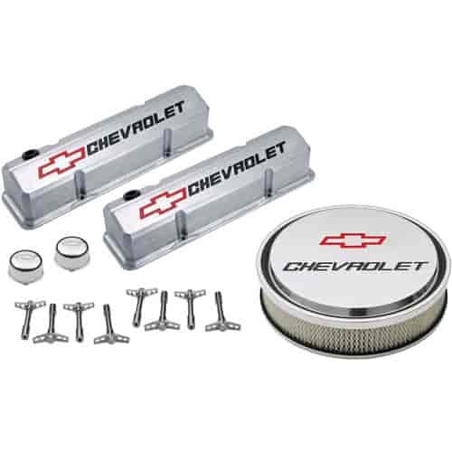 1958-1986 Small Block Chevy Engine Dress-Up Kit with Recessed Red/Black Emblems in Polished Finish