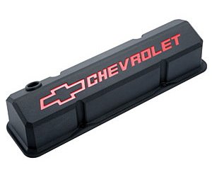 Die-Cast Slant-Edge Valve Covers for 1958-1986 Small Block Chevy Chevrolet/Bowtie Recessed Emblem in Black Crinkle Finish