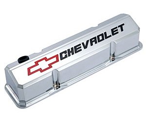 Die-Cast Slant-Edge Valve Covers for 1958-1986 Small Block Chevy Chevrolet/Bowtie Recessed Emblem in Chrome Finish