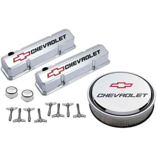 1958-1986 Small Block Chevy Engine Dress-Up Kit with Recessed Red/Black Emblems in Chrome Finish