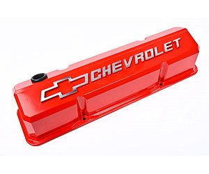 Die-Cast Slant-Edge Valve Covers for 1958-1986 Small Block Chevy with Chevrolet/Bowtie Raised Emblem in Red Finish