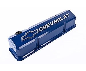 Die-Cast Slant-Edge Valve Covers for 1958-1986 Small Block Chevy with Chevrolet/Bowtie Raised Emblem in Blue Finish