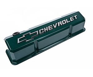 Die-Cast Slant-Edge Valve Covers for 1958-1986 Small Block Chevy with Chevrolet/Bowtie Raised Emblem in Green Finish